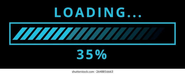 Vector illustration of website loading bar, downloads, uploads in blue color isolated on black background for websites and graphic resources. 35% loaded bar.