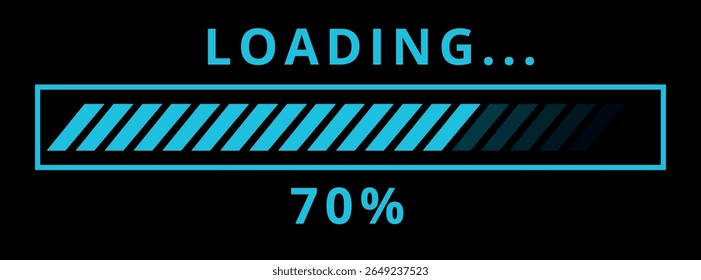 Vector illustration of website loading bar, downloads, uploads in blue color isolated on black background for websites and graphic resources. 70% loaded bar.