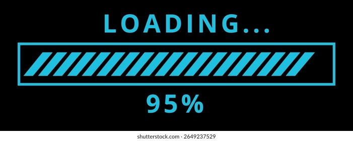Vector illustration of website loading bar, downloads, uploads in blue color isolated on black background for websites and graphic resources. 95% loaded bar.