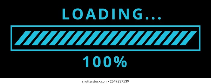 Vector illustration of website loading bar, downloads, uploads in blue color isolated on black background for websites and graphic resources. 100% loaded bar.