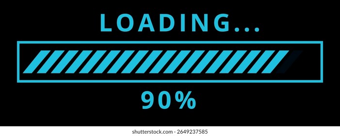 Ilustração vetorial da barra de carregamento do site, downloads, uploads em azul isolado no fundo preto para sites e recursos gráficos. Barra 90% carregada.