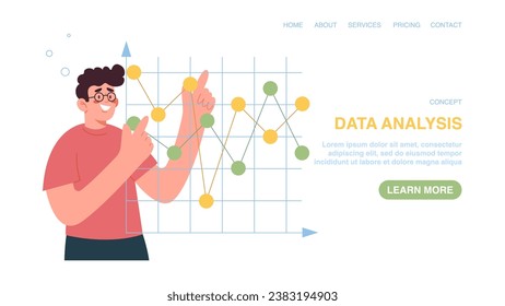 Vector illustration for website with man analyzes graph data. Data analysis, analysis of income and expenses enterprise, assessment of profitability or investment attractiveness, economic calculations