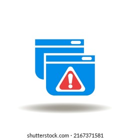 Vector illustration of website page with attention sign. Icon of hacked internet site. Symbol of web hacker threat. Pictogram of api software integration.