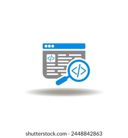 Vector illustration of website with programming code and magnifier. Icon of programming. Symbol of web coding development. Sign of code fix. Pictogram of SEO, CMS work.