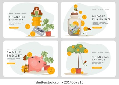 Vector illustration. Website set Family budget, financial literacy, expense calculator, personal finance, savings, landing page. User interface.