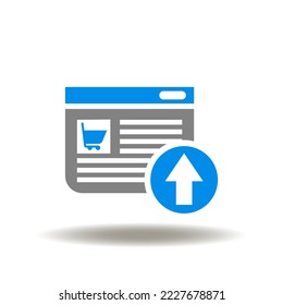 Vector illustration of website with shopping cart and arrow up. Icon of online shopping sale order. Symbol of upselling or cross-selling technology. Sign of web marketing.