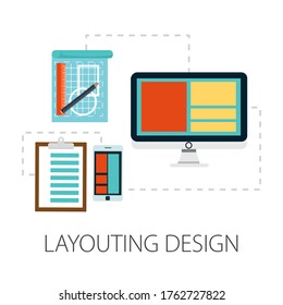 Vector illustration of website & technology concept with "layouting design" computer and interface icon.