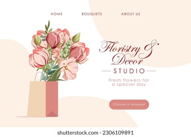Vector illustration. Website template, landing page for flower shop. Web design, isolated vector. User interface, flower bouquet shop, modern design.