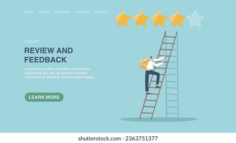 Vector illustration for website or web page with man climbs ladder with star to rating. Five star rating, positive service feedback, user experience, evaluation rank concept, user satisfaction rating.