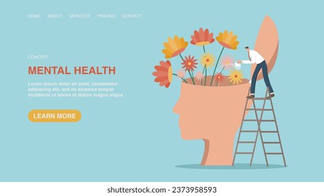 Vector illustration for website or web page, banner with man watering flowers in head. Mental health, healthy mentality, look for inspiration or motivation to achieve goals. Take care of your health.