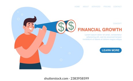 Vector illustration for website, web page, banner with man with binoculars. Investing funds in investments and stocks, increasing savings, financial growth, wealth management, income and salary growth