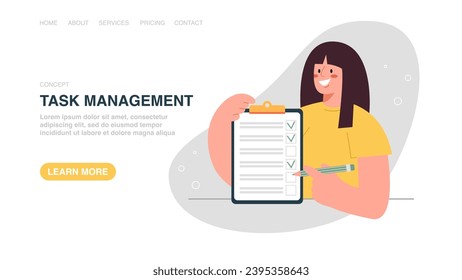 Vector illustration for website, web page with a woman marks with a pencil on a tablet. Time management and business scheduling, successful completion of tasks or assignments, follow work schedule.