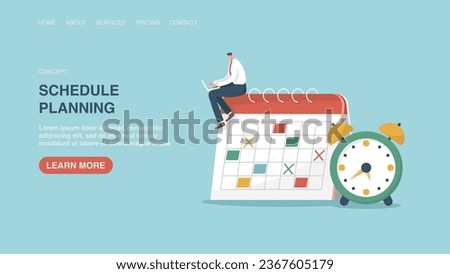 Vector illustration for website, web page with man sitting on calendar. Time management, business planning, organizing and adherence to calendar schedule and work plan, notification and reminder. 