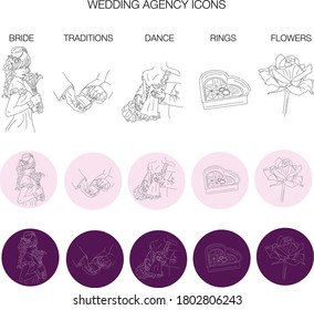 Vector illustration of wedding agency icons for highlights, banner, greeting card, invitations, web design or print. Outline of a  bride, wedding accessories and flowers