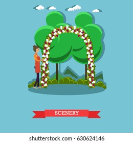 Vector illustration of wedding arch decorated with flowers. Scenery of outdoors wedding ceremony flat style design element.