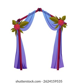 Vector illustration of wedding arch made of wooden rods, red flowers and flowing fabric. Frame for holding a wedding ceremony. Flat cartoon style. Isolated background. Icon.