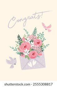 Vector illustration with wedding bouquet in envelope. Design element for marriage concept and other uses
