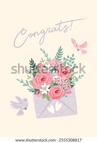 Vector illustration with wedding bouquet in envelope. Design element for marriage concept and other uses