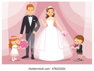 Vector illustration the wedding with the bride and the groom. The boy and the girl act as bridesmaids, groomsmen. The girl is holding a bouquet of roses, the boy holding a tray with wedding rings box.