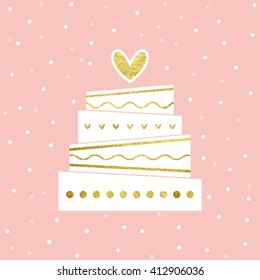 Vector illustration of wedding cake card. Wedding celebration card or invitation. Isolated on white background with confetti.