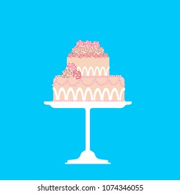 Vector illustration of wedding cake, decorated with roses and beads, on a graceful stand.