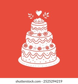 Vector illustration of wedding cake with floral decorations, heart topper, and layered tiers. Hand-drawn in a minimalist style, perfect for celebrations, invitations, and wedding-related designs.