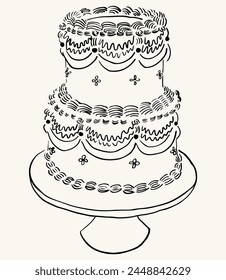 Vector illustration of wedding cake. Hand drawn pastel for invitations, save the date, stationery. Wedding cake line art. Cake sketch