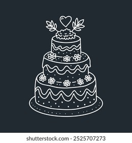 Vektorgrafik von Hochzeitstorte im monochromen, handgezeichneten Stil mit Blumen und Herzspitze. Geeignet für Hochzeitseinladungen, Tortendesigns und Event-Dekorationen.