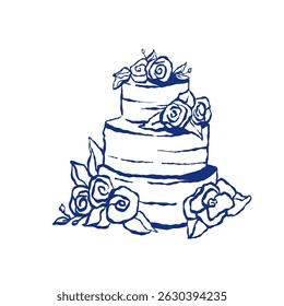 Vector illustration of a wedding cake with roses, drawn in a blue hand-drawn outline style. Elegant and minimalistic design for invitations, greeting cards, and bakery branding.