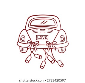 Ilustração vetorial. Carro de casamento. Latas de estanho amarradas ao carro. Ilustração de arte de linha. Cartão de Dia dos Namorados. Em lua de mel. Recém-casados no carro. Arco no carro. Decorações de casamento.