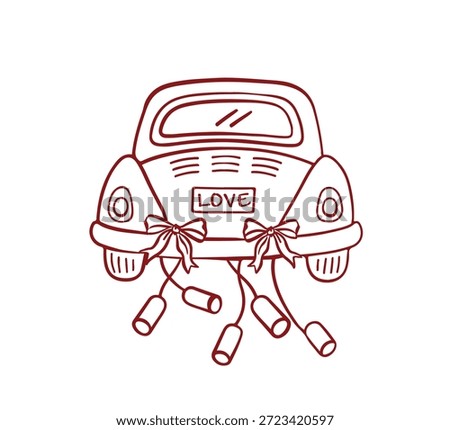 Vector illustration. Wedding car. Tin cans tied to the car. Line art illustration. Valentine's Day card. Going on a honeymoon. Newlyweds in the car. Bows on the car. Wedding decorations.