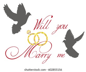 vector illustration of a wedding card with doves and golden rings.