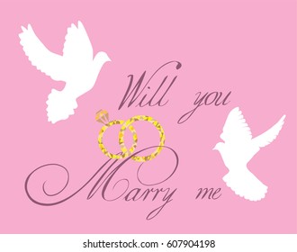 vector illustration of a wedding card with text template, diamond rings, doves flying.