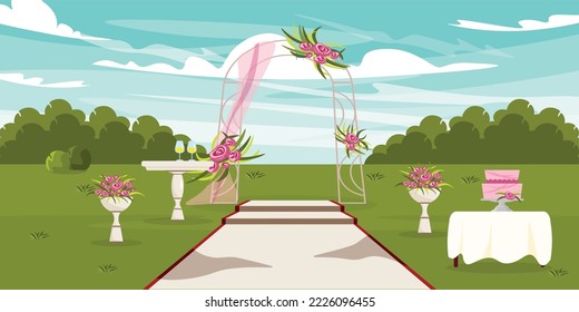 Vector illustration of wedding ceremony. Cartoon landscape with wedding arch, champagne, wedding cake, flowers, path for young.