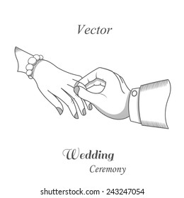 Vector illustration of a wedding ceremony. The groom puts the ring on the bride's hand. Painted scene design situations for your projects.