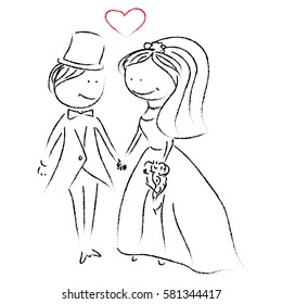 vector illustration of wedding couple holding hands and smiling at each other with heart