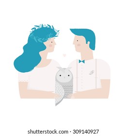 Vector illustration of wedding couple with owl. 