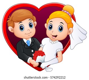 Vector illustration of Wedding couple with red frame in the shape of heart