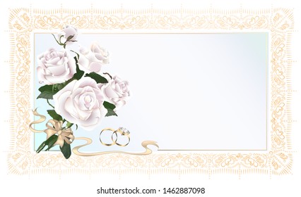 Vector illustration. Wedding decor bridal bouquet, can be used as a greeting card, wedding invitation card. Rings with ribbon and bow. Decorative seamless ornamental border with corner.
Isolated desig