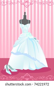 A vector illustration of a wedding dress and a pair of wedding shoes