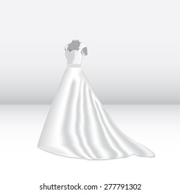 Vector illustration of a wedding dress, put on a dummy in the studio.