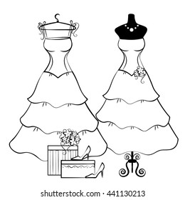 Vector illustration of wedding dresses. Black and white.