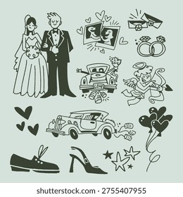 Vector illustration of wedding elements: bride and groom, rings, vintage car, cupid, hearts, shoes, and balloons in a playful, hand-drawn style.