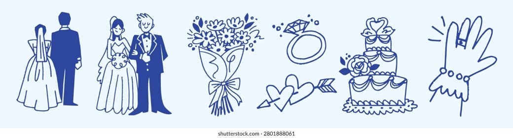 Vector illustration of wedding elements: couples, bouquet, rings, hearts, cake, and glove in blue line art.