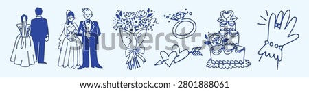 Vector illustration of wedding elements: couples, bouquet, rings, hearts, cake, and glove in blue line art.