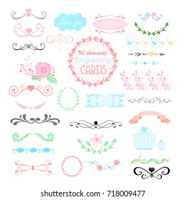 Vector illustration of wedding graphic set, arrows, hearts, laurel, wreaths, ribbons, labels and other elements in pastel colors on white background in flat cartoon style.