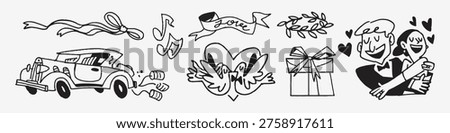 Vector illustration of wedding icons: car, ribbon, music notes, love banner, doves, gift, and a couple embracing. Black and white line art style.
