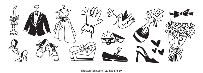 Vector illustration of wedding icons, including a tuxedo, dress, shoes, bouquet, champagne, and rings, all in a black and white doodle style.