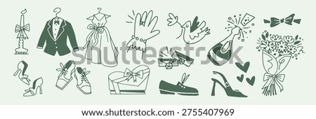 Vector illustration of wedding icons: tuxedo, dress, shoes, rings, dove, champagne, bouquet, and gifts, all in a simple, monochrome style.