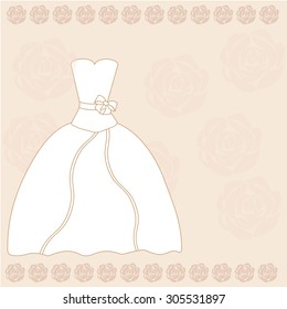 Vector illustration wedding image with a wedding dress on a gentle pink background with roses
